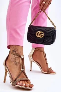 Hot Damskie buty S.Barski Eleganckie Sandałki Na Szpilce Z Dżetami Złote Jenesis