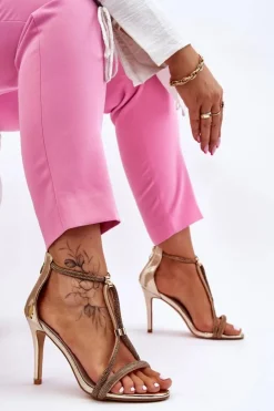 Hot Damskie buty S.Barski Eleganckie Sandałki Na Szpilce Z Dżetami Złote Jenesis