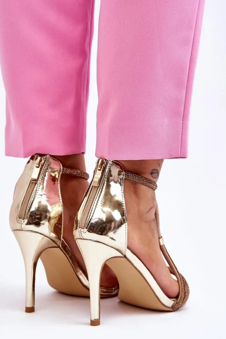 Hot Damskie buty S.Barski Eleganckie Sandałki Na Szpilce Z Dżetami Złote Jenesis