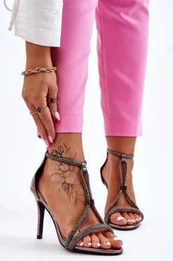 Damskie Damskie buty S.Barski Eleganckie Sandałki Na Szpilce Z Dżetami Srebrne Jenesis