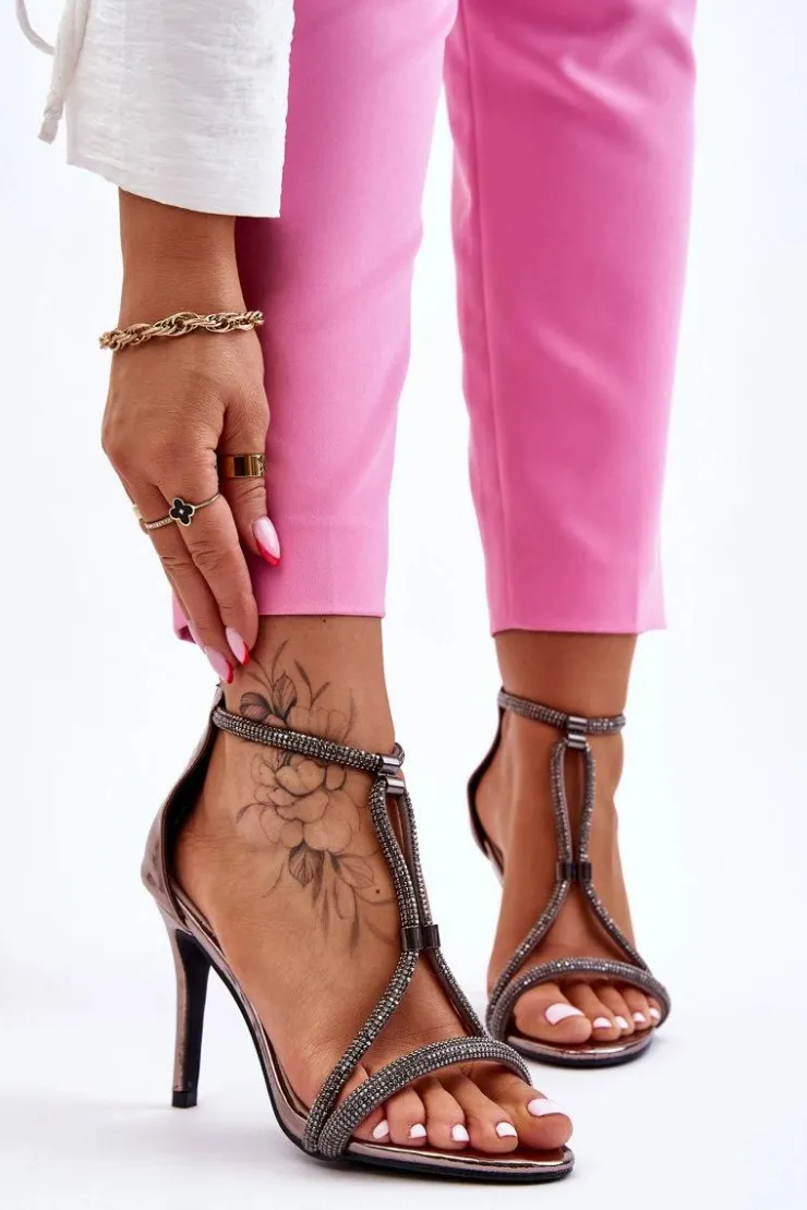 Damskie Damskie buty S.Barski Eleganckie Sandałki Na Szpilce Z Dżetami Srebrne Jenesis