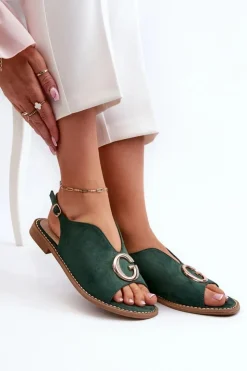 Damskie buty S.Barski Sandały Płaskie*Eleganckie Sandały Damskie Z Ozdobą Eko Zamszowe S.Barski KV27-058 Zielone