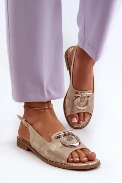 Damskie Damskie buty S.Barski Eleganckie Sandały Damskie Ze Złotą Ozdobą Na Płaskim Obcasie Złote S.Barski KV27-053