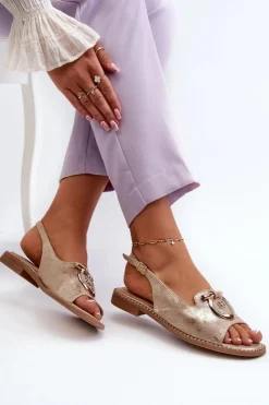 Damskie Damskie buty S.Barski Eleganckie Sandały Damskie Ze Złotą Ozdobą Na Płaskim Obcasie Złote S.Barski KV27-053