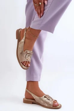 Damskie Damskie buty S.Barski Eleganckie Sandały Damskie Ze Złotą Ozdobą Na Płaskim Obcasie Złote S.Barski KV27-053