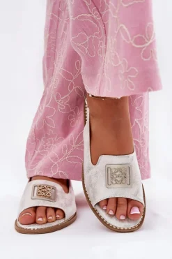 Damskie Damskie buty S.Barski Eleganckie Sandały Damskie Na Płaskim Obcasie Z Ozdobą S.Barski KV51-082 Srebrne