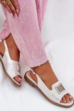 Damskie Damskie buty S.Barski Eleganckie Sandały Damskie Na Płaskim Obcasie Z Ozdobą S.Barski KV51-082 Srebrne