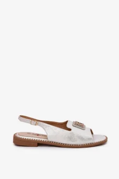 Damskie Damskie buty S.Barski Eleganckie Sandały Damskie Na Płaskim Obcasie Z Ozdobą S.Barski KV51-082 Srebrne