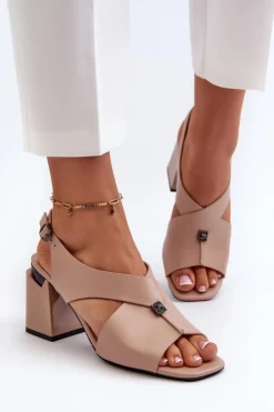 Outlet Buty damskie Vinceza Eleganckie Sandały Damskie Na Obcasie Słupku Eko Skórzane Beżowe Asellesa