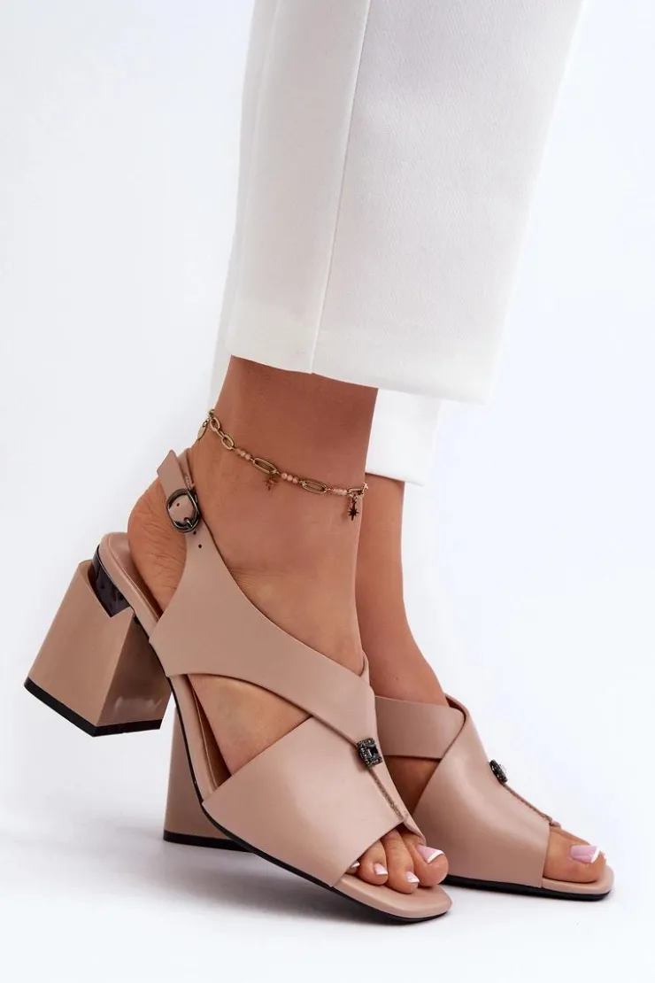 Outlet Buty damskie Vinceza Eleganckie Sandały Damskie Na Obcasie Słupku Eko Skórzane Beżowe Asellesa