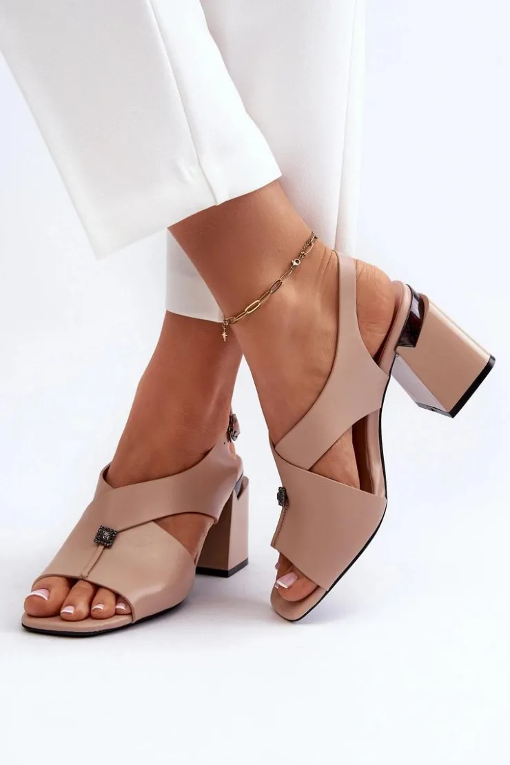 Outlet Buty damskie Vinceza Eleganckie Sandały Damskie Na Obcasie Słupku Eko Skórzane Beżowe Asellesa