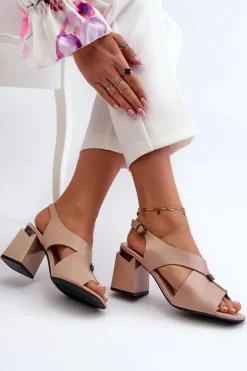 Outlet Buty damskie Vinceza Eleganckie Sandały Damskie Na Obcasie Słupku Eko Skórzane Beżowe Asellesa