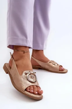 Damskie buty S.Barski Sandały Płaskie*Eleganckie Sandały Damskie Ze Złotą Ozdobą Na Płaskim Obcasie Różowe Złoto S.Barski KV27-053