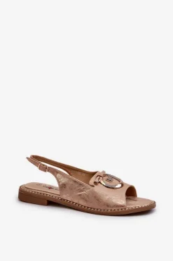 Damskie buty S.Barski Sandały Płaskie*Eleganckie Sandały Damskie Ze Złotą Ozdobą Na Płaskim Obcasie Różowe Złoto S.Barski KV27-053