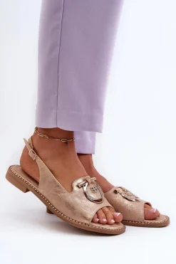 Damskie buty S.Barski Sandały Płaskie*Eleganckie Sandały Damskie Ze Złotą Ozdobą Na Płaskim Obcasie Różowe Złoto S.Barski KV27-053