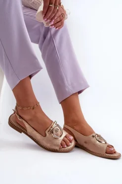 Damskie buty S.Barski Sandały Płaskie*Eleganckie Sandały Damskie Ze Złotą Ozdobą Na Płaskim Obcasie Różowe Złoto S.Barski KV27-053