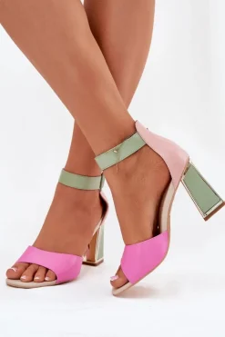 Evento Sandały Na Słupku|Sandały Na Obcasie*Eleganckie Sandały Damskie Na Słupku Różowo-Zielone Rosazara