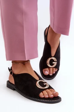 Damskie buty S.Barski Sandały Płaskie*Eleganckie Sandały Damskie Z Ozdobą Eko Zamszowe S.Barski KV27-058 Czarne Czarny