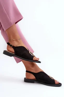 Damskie buty S.Barski Sandały Płaskie*Eleganckie Sandały Damskie Z Ozdobą Eko Zamszowe S.Barski KV27-058 Czarne Czarny