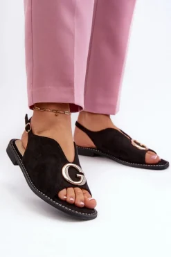 Damskie buty S.Barski Sandały Płaskie*Eleganckie Sandały Damskie Z Ozdobą Eko Zamszowe S.Barski KV27-058 Czarne Czarny