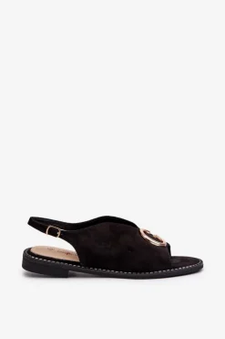 Damskie buty S.Barski Sandały Płaskie*Eleganckie Sandały Damskie Z Ozdobą Eko Zamszowe S.Barski KV27-058 Czarne Czarny