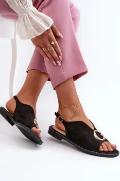 Damskie buty S.Barski Sandały Płaskie*Eleganckie Sandały Damskie Z Ozdobą Eko Zamszowe S.Barski KV27-058 Czarne Czarny