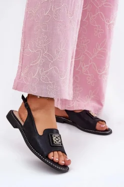 Damskie buty S.Barski Sandały Płaskie*Eleganckie Sandały Damskie Na Płaskim Obcasie Z Ozdobą S.Barski KV51-082 Czarne Czarny