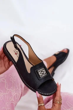 Damskie buty S.Barski Sandały Płaskie*Eleganckie Sandały Damskie Na Płaskim Obcasie Z Ozdobą S.Barski KV51-082 Czarne Czarny