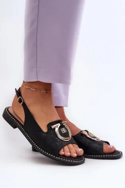 Clearance Damskie buty S.Barski Eleganckie Sandały Damskie Ze Złotą Ozdobą Na Płaskim Obcasie Czarne S.Barski KV27-053