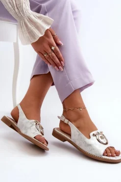 Damskie Damskie buty S.Barski Eleganckie Sandały Damskie Ze Złotą Ozdobą Na Płaskim Obcasie Srebrne S.Barski KV27-053