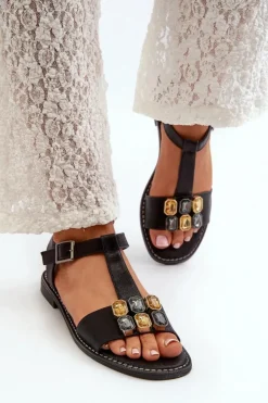 Damskie buty S.Barski Sandały Płaskie*Eleganckie Sandały Damskie Z Ozdobnymi Detalami S.Barski KV27-030 Czarne Czarny