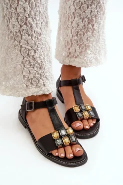 Damskie buty S.Barski Sandały Płaskie*Eleganckie Sandały Damskie Z Ozdobnymi Detalami S.Barski KV27-030 Czarne Czarny