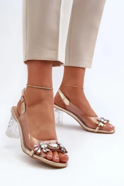 Damskie Damskie buty S.Barski Eleganckie Sandały Na Słupku Z Ozdobami Złote D&A MR38-444