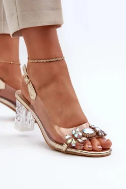 Damskie Damskie buty S.Barski Eleganckie Sandały Na Słupku Z Ozdobami Złote D&A MR38-444