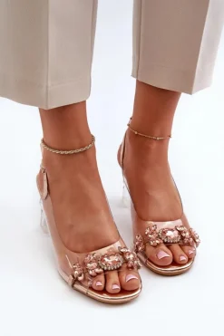 Best Damskie buty S.Barski Eleganckie Sandały Na Słupku Z Ozdobami Różowe Złoto D&A MR38-444