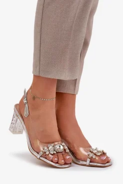 Damskie Damskie buty S.Barski Eleganckie Sandały Na Słupku Z Ozdobami Srebrne D&A MR38-444