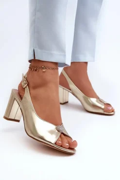 Evento Sandały Na Obcasie*Eleganckie Sandały Na Słupku Z Ozdobą Złote Trasea
