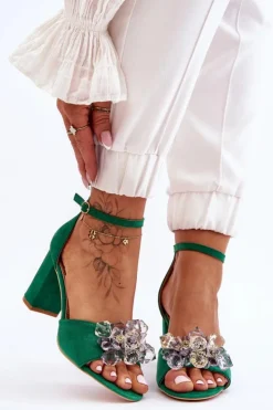 Damskie Boto Eleganckie Sandały Z Kryształami Na Obcasie Zielone Cameron