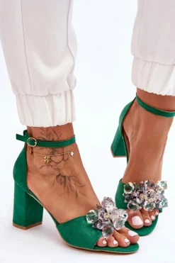 Damskie Boto Eleganckie Sandały Z Kryształami Na Obcasie Zielone Cameron
