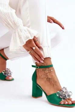 Damskie Boto Eleganckie Sandały Z Kryształami Na Obcasie Zielone Cameron