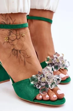 Damskie Boto Eleganckie Sandały Z Kryształami Na Obcasie Zielone Cameron