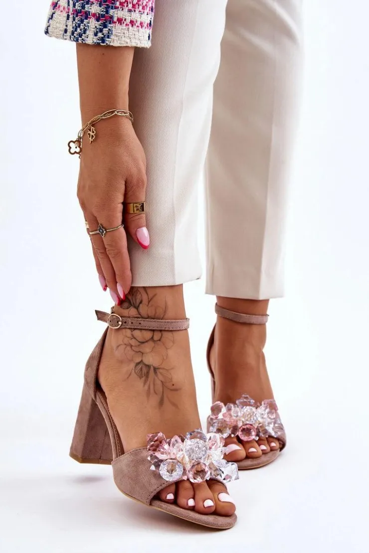 Damskie Boto Eleganckie Sandały Z Kryształami Na Obcasie Ciemnobeżowe Cameron