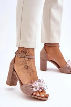 Damskie Boto Eleganckie Sandały Z Kryształami Na Obcasie Ciemnobeżowe Cameron