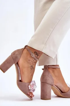 Damskie Boto Eleganckie Sandały Z Kryształami Na Obcasie Ciemnobeżowe Cameron