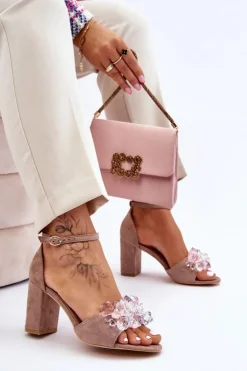 Damskie Boto Eleganckie Sandały Z Kryształami Na Obcasie Ciemnobeżowe Cameron