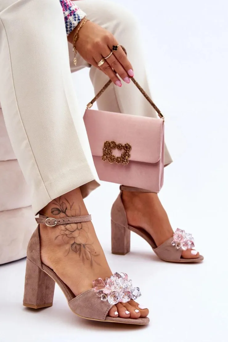 Damskie Boto Eleganckie Sandały Z Kryształami Na Obcasie Ciemnobeżowe Cameron