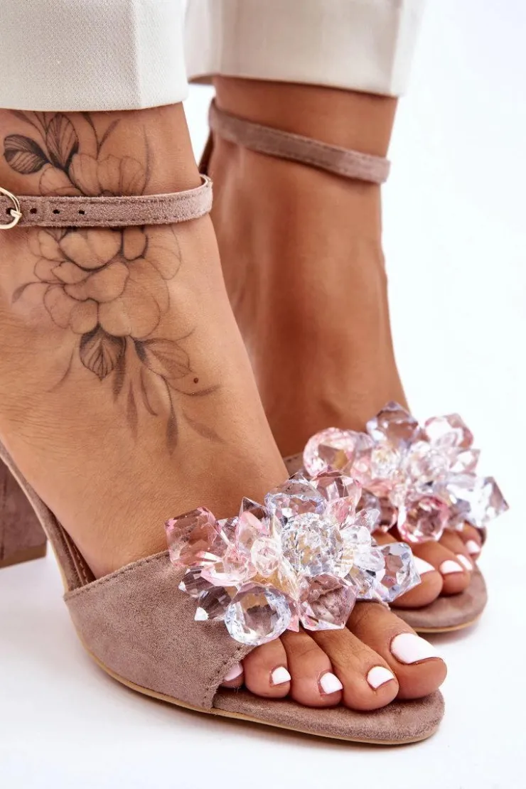 Damskie Boto Eleganckie Sandały Z Kryształami Na Obcasie Ciemnobeżowe Cameron