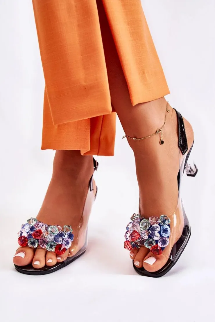 Damskie buty S.Barski Sandały Na Obcasie*Eleganckie Sandały Z Kryształami Czarne Lanette