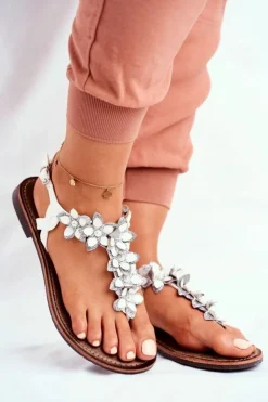 Evento Sandały Płaskie*Eleganckie Sandały Z Kwiatkami Białe Sunny