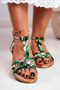 Boto Sandały Płaskie*Eleganckie Sandały Z Kwiatowym Wzorem Zielone Brooke
